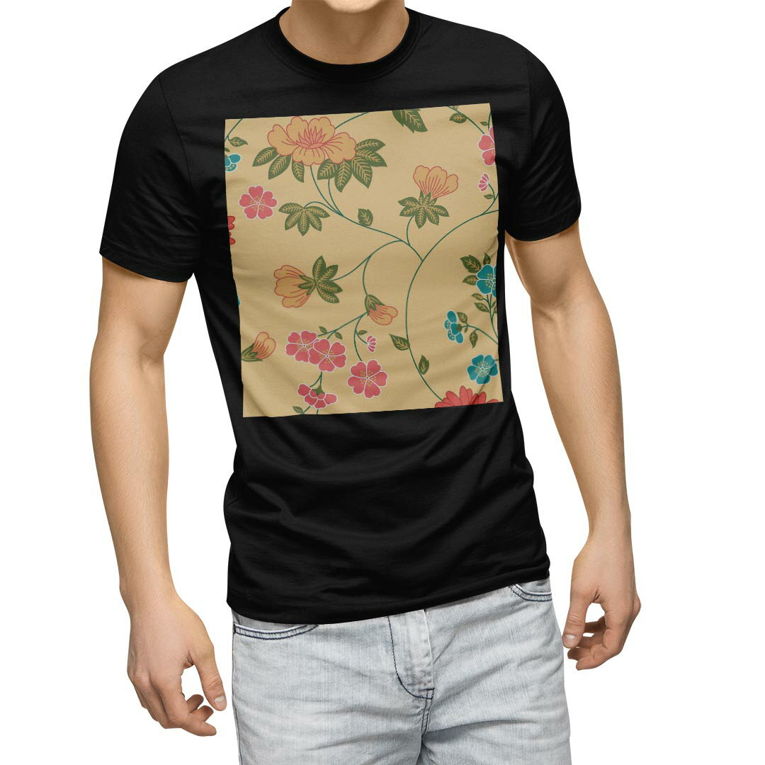 tシャツ メンズ 半袖 ブラック デザイン XS S M L XL 2XL Tシャツ ティーシャツ T shirt　黒 004401 フラワー 花　イラスト　カラフル
