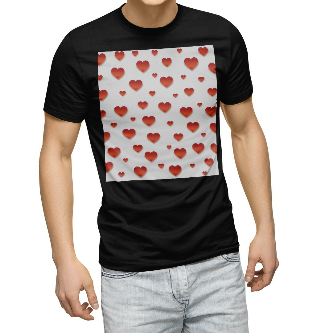 T-Shirts - tシャツ メンズ 半袖 ブラック デザイン XS S M L XL 2XL Tシャツ ティーシャツ T shirt 黒 004550 ハート　赤　白　模様