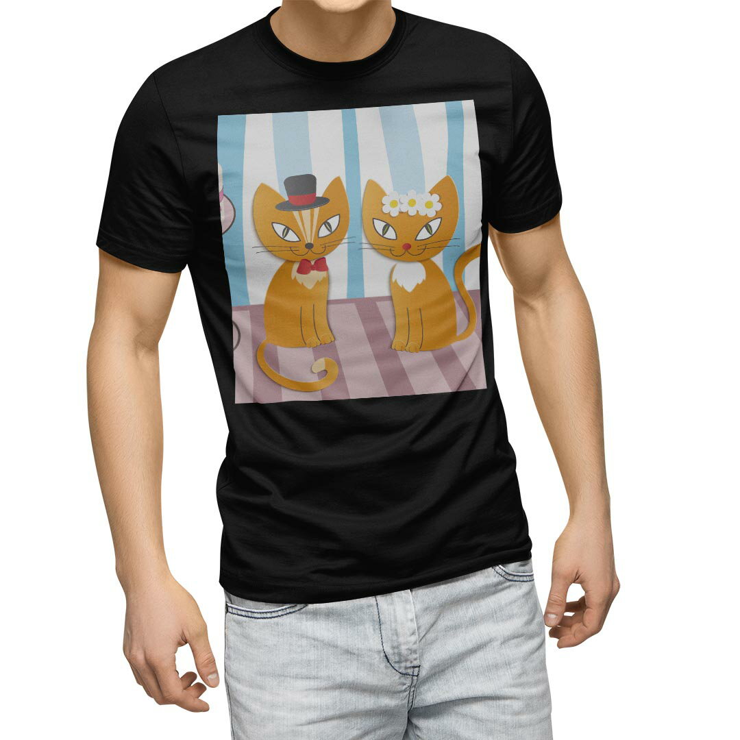 Character - tシャツ メンズ 半袖 ブラック デザイン XS S M L XL 2XL Tシャツ ティーシャツ T shirt　黒 004625 アニマル 猫　キャラクター　イラスト