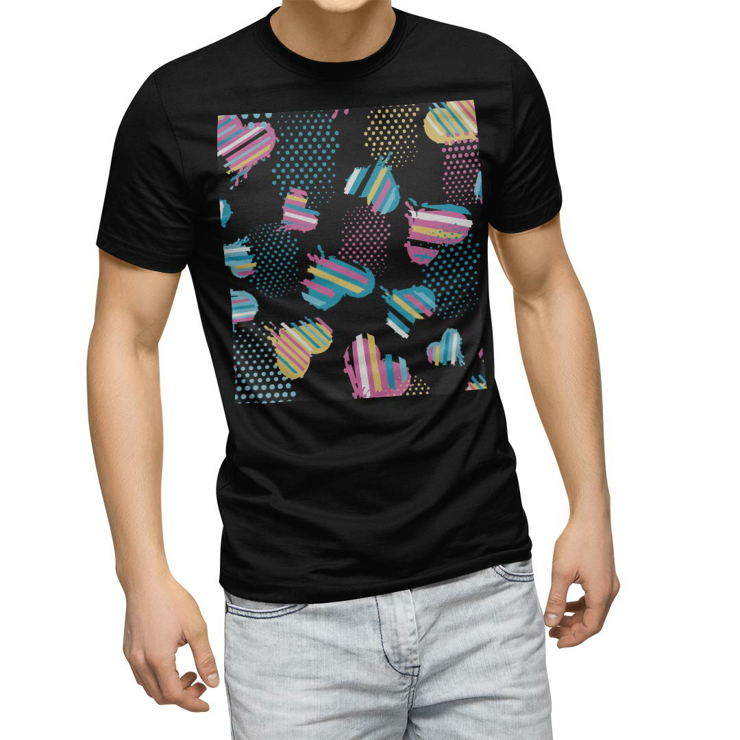 tシャツ メンズ 半袖 ブラック デザイン XS S M L XL 2XL Tシャツ ティーシャツ T shirt　黒 004653 ラブリー フラワー ハート　カラフル