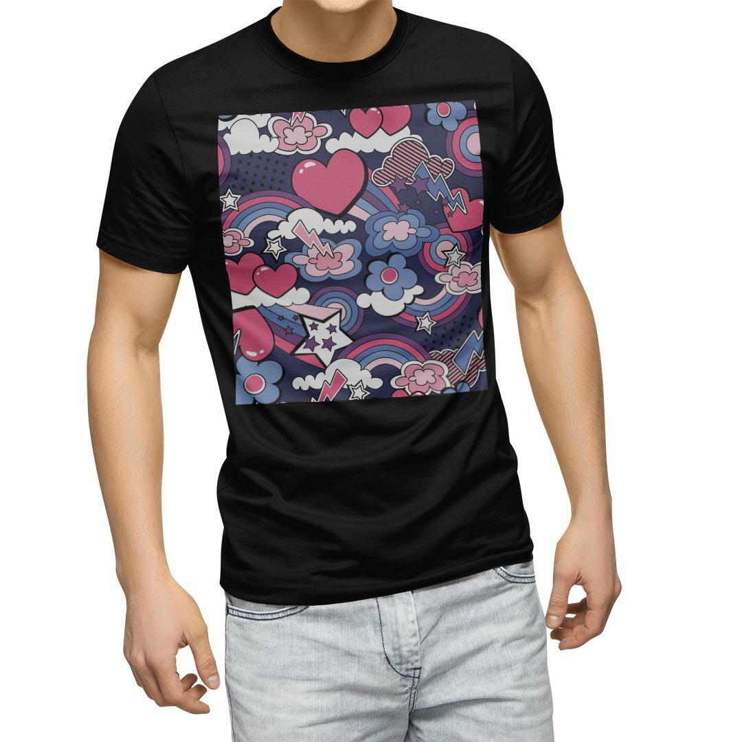 tシャツ メンズ 半袖 ブラック デザイン XS S M L XL 2XL Tシャツ ティーシャツ T shirt　黒 004659 ラブリー フラワー ハート　花　ポップ