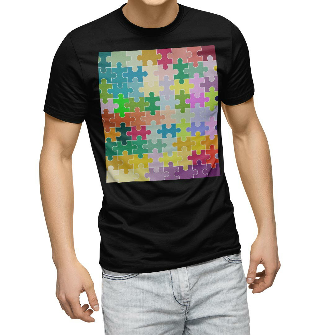 Shirts, T-Shirts - tシャツ メンズ 半袖 ブラック デザイン XS S M L XL 2XL Tシャツ ティーシャツ T shirt　黒 004941 ラブリー チェック・ボーダー パズル　カラフル　ポップ