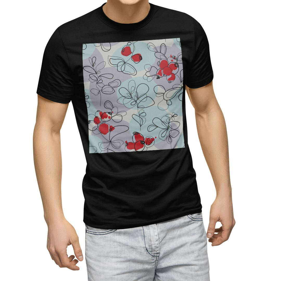 tシャツ メンズ 半袖 ブラック デザイン XS S M L XL 2XL Tシャツ ティーシャツ T shirt　黒 005045 フラワー 花　イラスト　青　紫