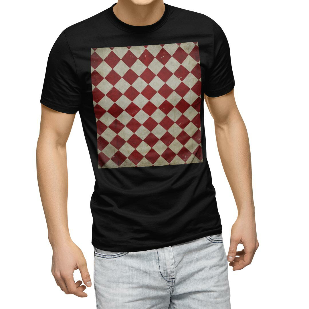 tシャツ メンズ 半袖 ブラック デザイン XS S M L XL 2XL Tシャツ ティーシャツ T shirt 黒 005132 チェック ボーダー ビンテージ 赤 白