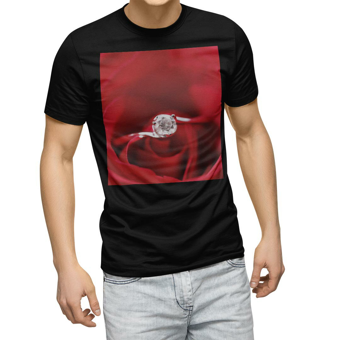 tシャツ メンズ 半袖 ブラック デザイン XS S M L XL 2XL Tシャツ ティーシャツ T shirt　黒 005136 ラブリー 赤　指輪　薔薇