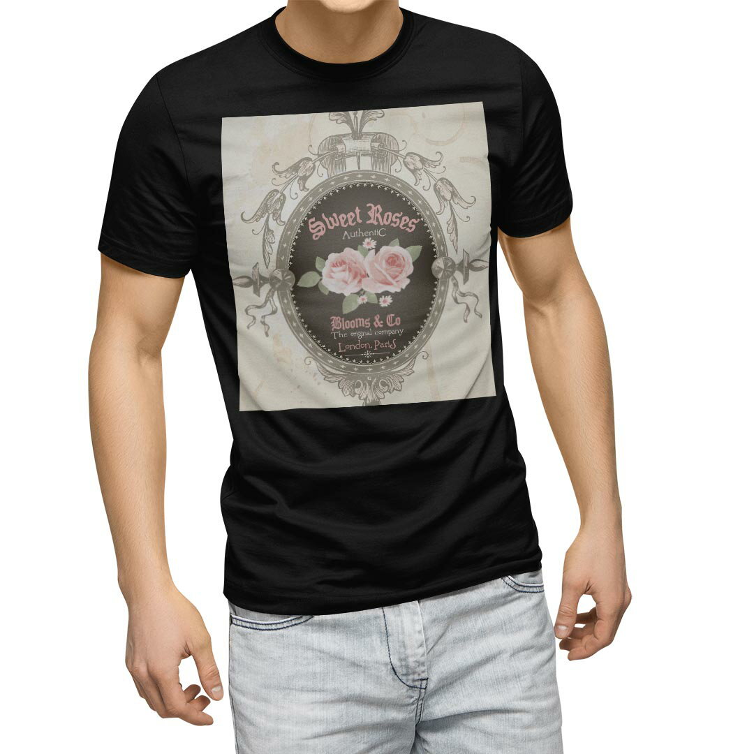 Long-Sleeved - tシャツ メンズ 半袖 ブラック デザイン XS S M L XL 2XL Tシャツ ティーシャツ T shirt　黒 005259 ラブリー 薔薇　レトロ　ピンク