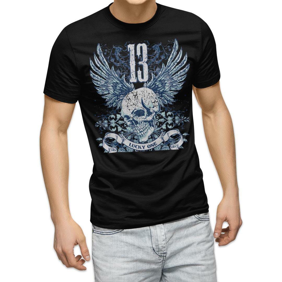 tシャツ メンズ 半袖 ブラック デザイン XS S M L XL 2XL Tシャツ ティーシャツ T shirt 黒 005345 ドクロ　骸骨　羽根　翼