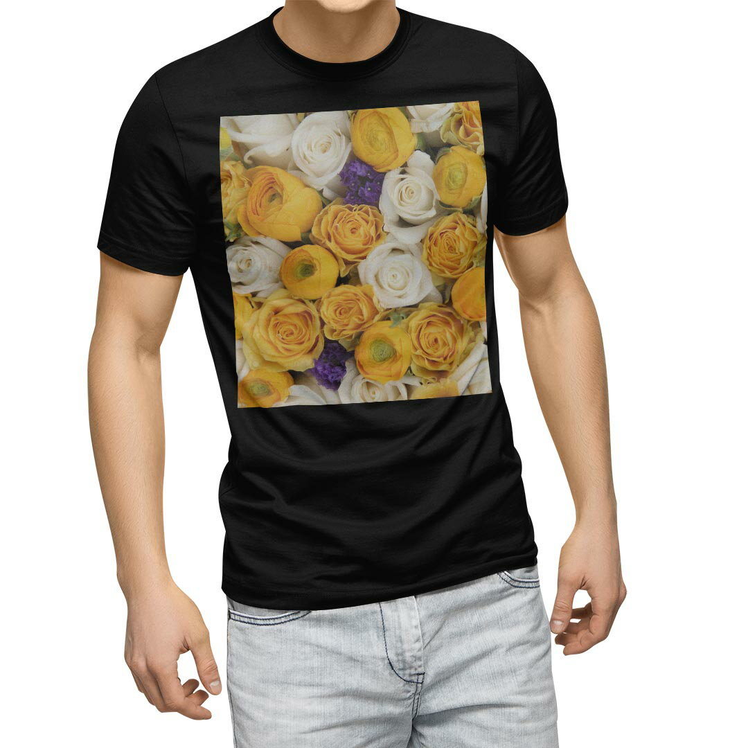 Shirts, T-Shirts - tシャツ メンズ 半袖 ブラック デザイン XS S M L XL 2XL Tシャツ ティーシャツ T shirt　黒 005351 フラワー 写真・風景 黄色　白　紫　花　フラワー