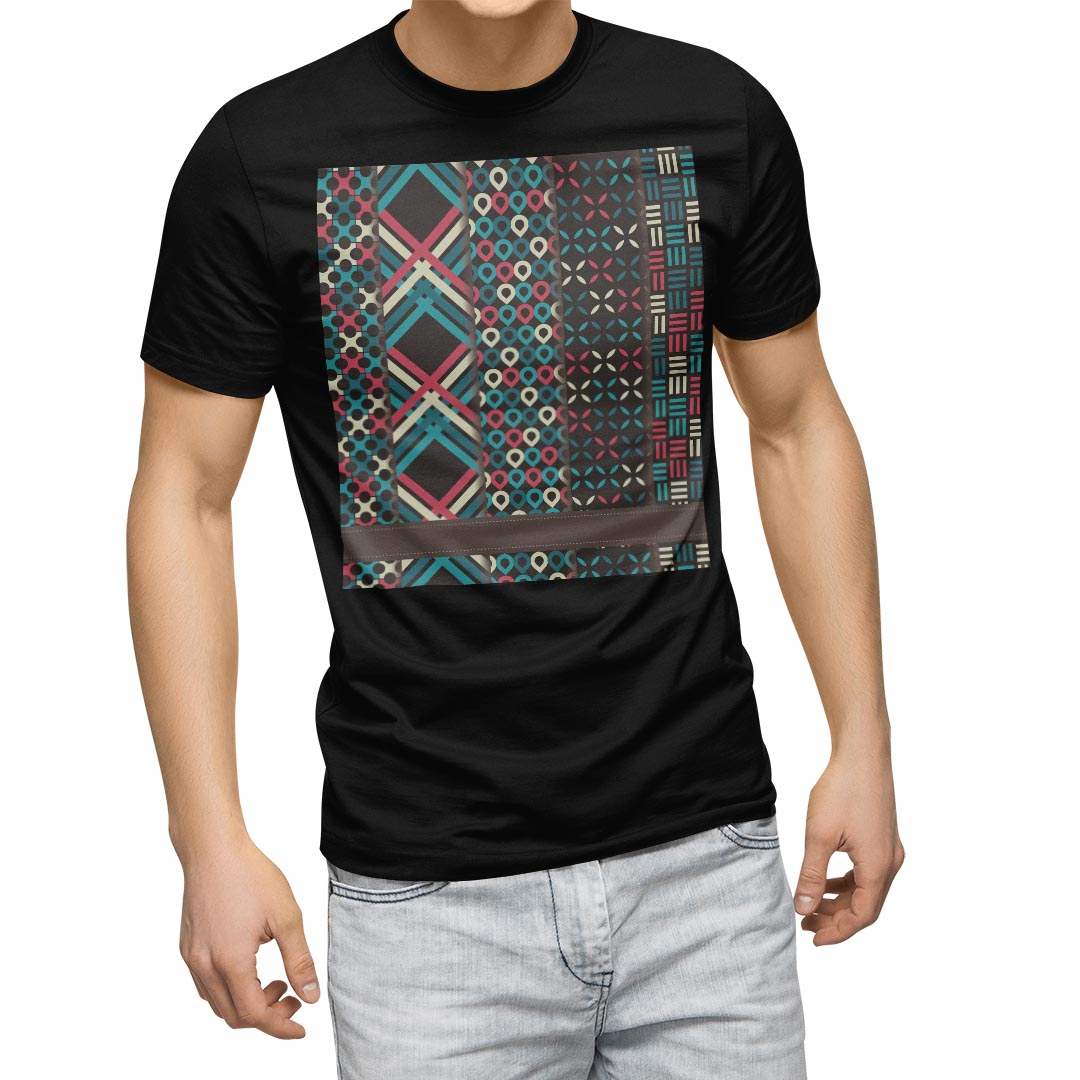 乐天商城 - tシャツ メンズ 半袖 ブラック デザイン XS S M L XL 2XL Tシャツ ティーシャツ T shirt　黒 005401 チェック・ボーダー 青　赤　模様
