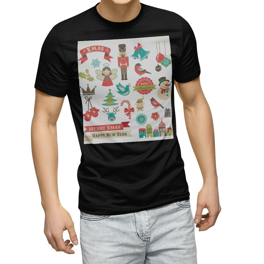 tシャツ メンズ 半袖 ブラック デザイン XS S M L XL 2XL Tシャツ ティーシャツ T shirt 黒 005679 イラスト　クリスマス