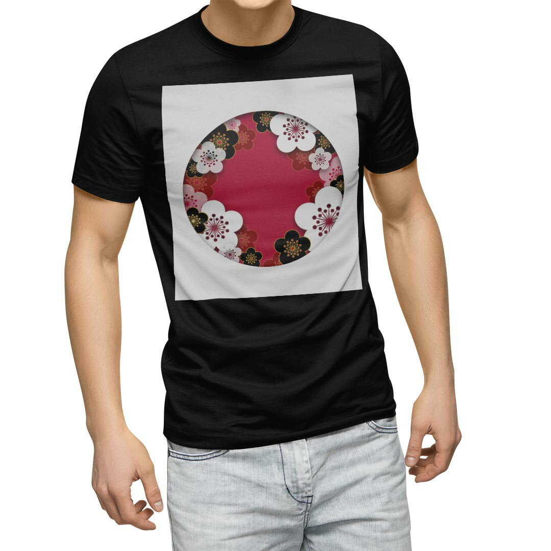 tシャツ メンズ 半袖 ブラック デザイン XS S M L XL 2XL Tシャツ ティーシャツ T shirt 黒 005846 和風 和柄 花