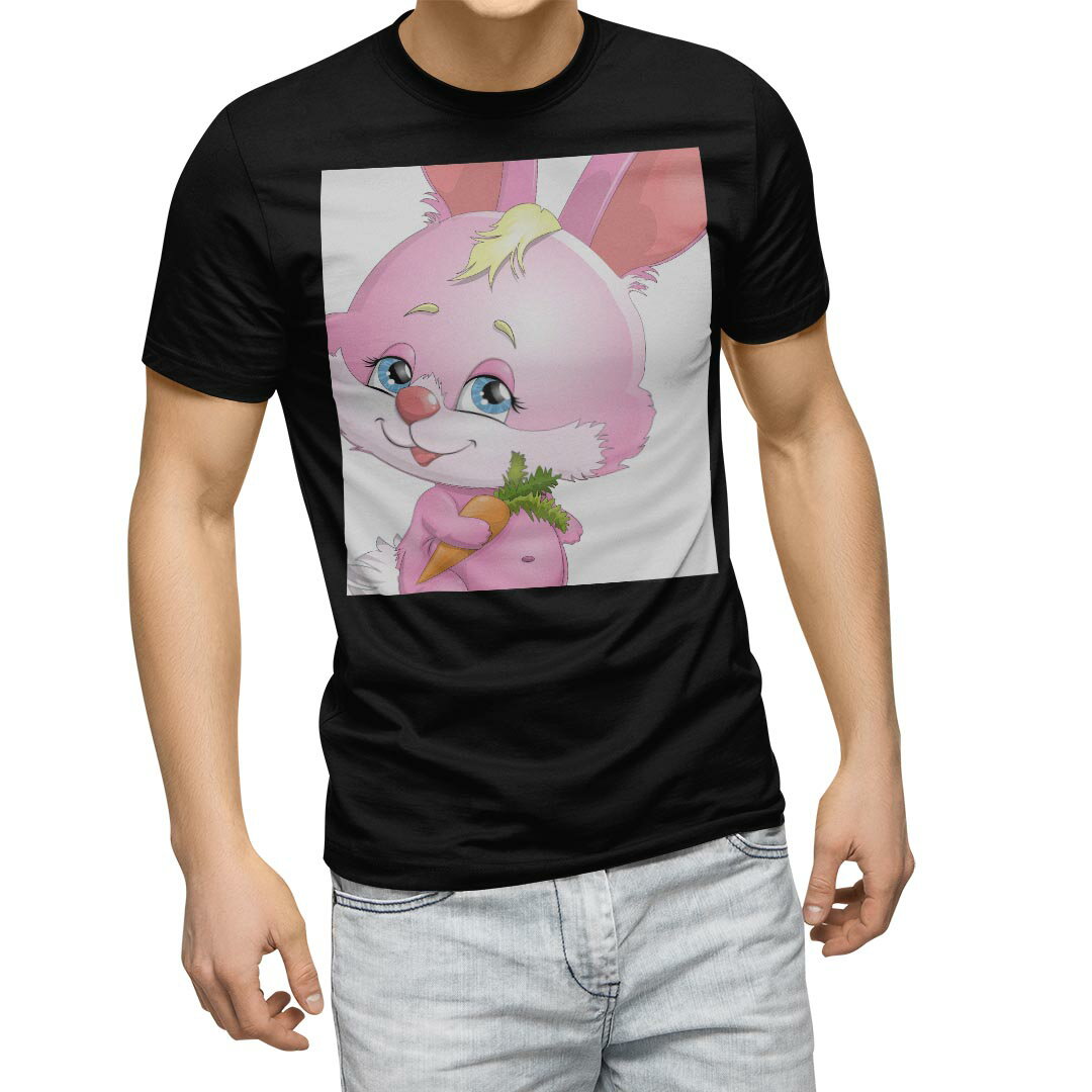 Character - tシャツ メンズ 半袖 ブラック デザイン XS S M L XL 2XL Tシャツ ティーシャツ T shirt 黒 006157 うさぎ　兎　キャラクター