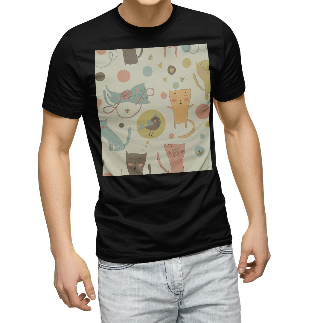 tシャツ メンズ 半袖 ブラック デザイン XS S M L XL 2XL Tシャツ ティーシャツ T shirt 黒 006245 ラブリー ねこ 猫 イラスト