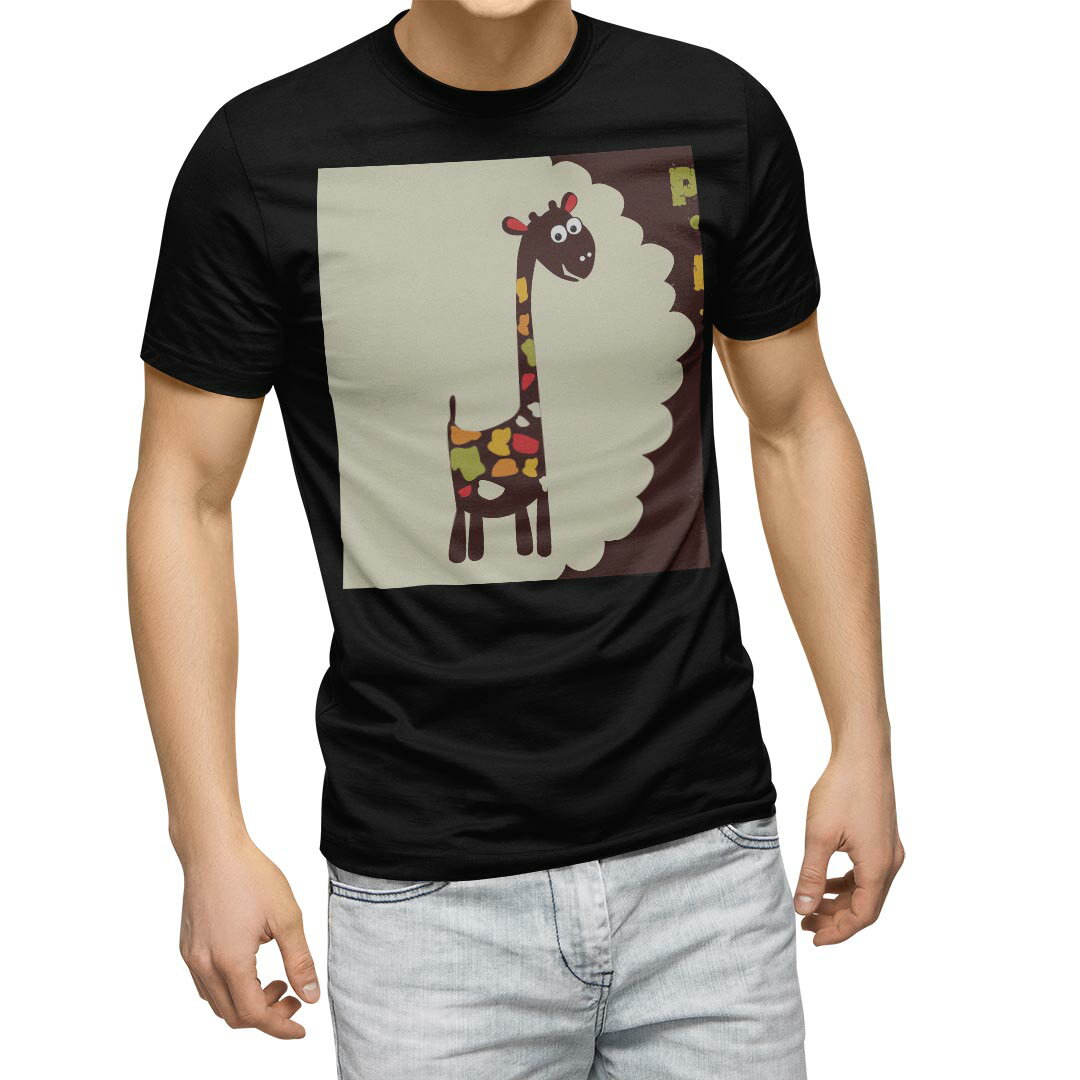 乐天商城 - tシャツ メンズ 半袖 ブラック デザイン XS S M L XL 2XL Tシャツ ティーシャツ T shirt　黒 006445 アニマル 動物　カラフル　きりん