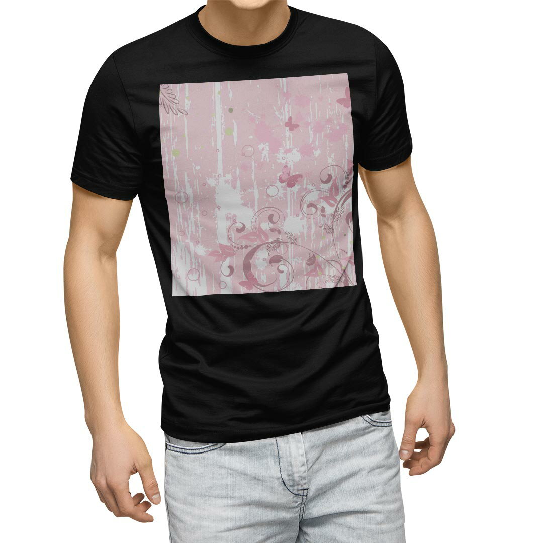 tシャツ メンズ 半袖 ブラック デザイン XS S M L XL 2XL Tシャツ ティーシャツ T shirt 黒 006682 フラワー 蝶 ピンク