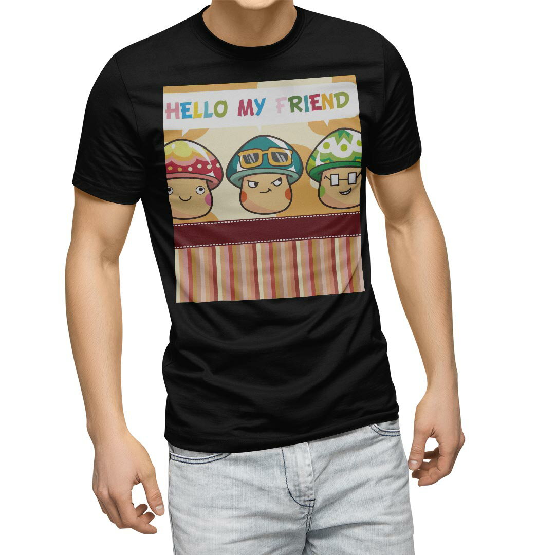Character - tシャツ メンズ 半袖 ブラック デザイン XS S M L XL 2XL Tシャツ ティーシャツ T shirt　黒 006696 ラブリー きのこ　キャラクター