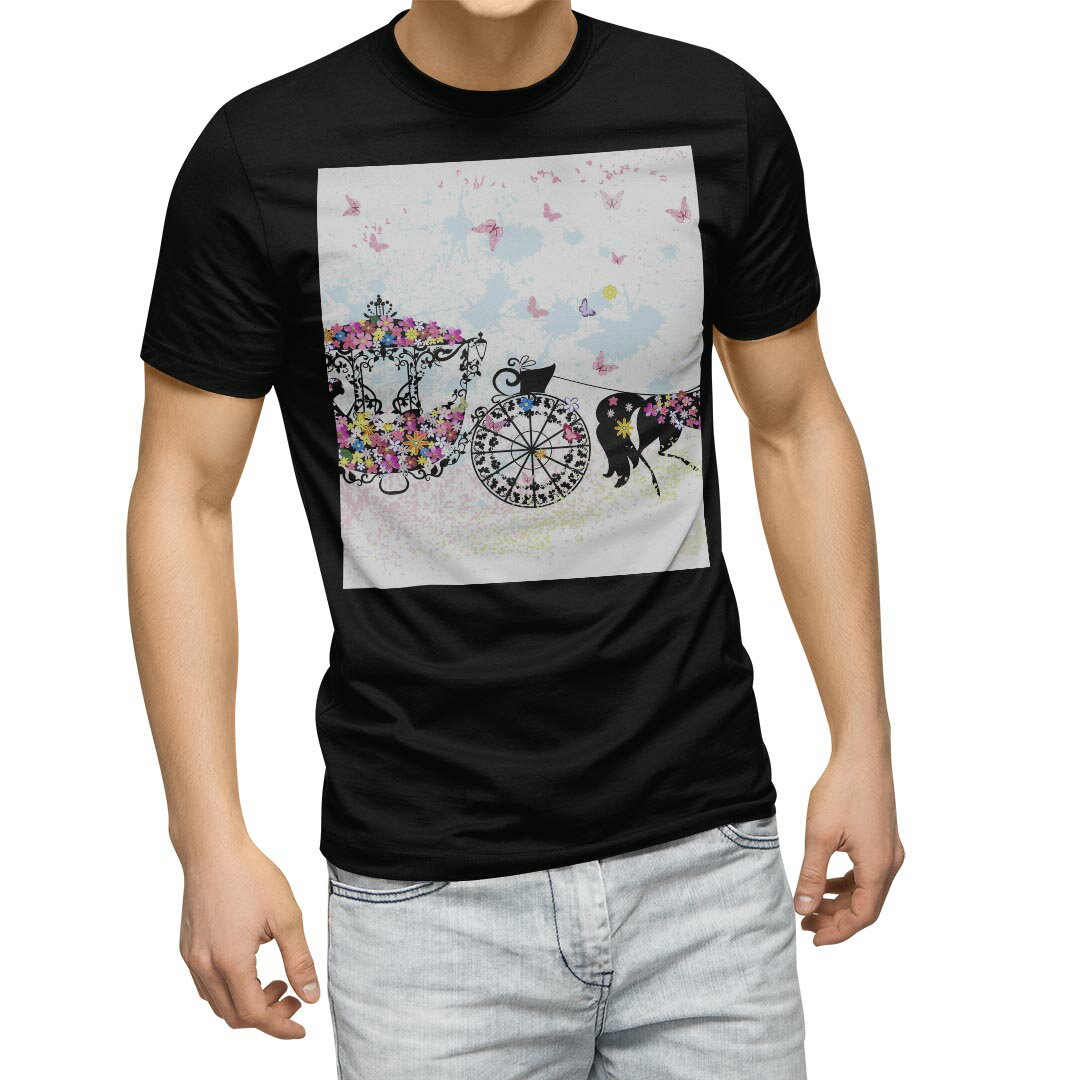 SUKA - tシャツ メンズ 半袖 ブラック デザイン XS S M L XL 2XL Tシャツ ティーシャツ T shirt 黒 006720 馬車　花