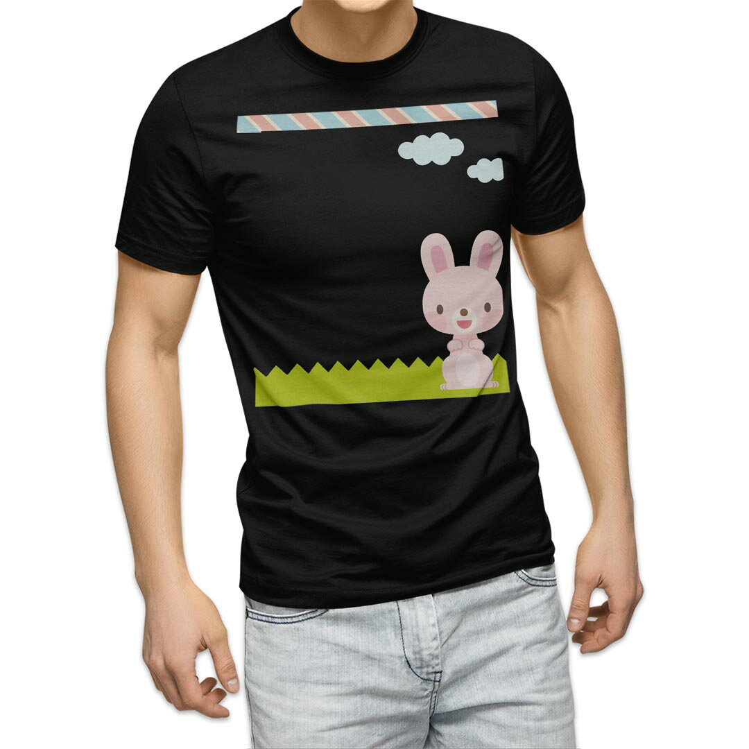 Character - tシャツ メンズ 半袖 ブラック デザイン XS S M L XL 2XL Tシャツ ティーシャツ T shirt 黒 006829 うさぎ　キャラクター
