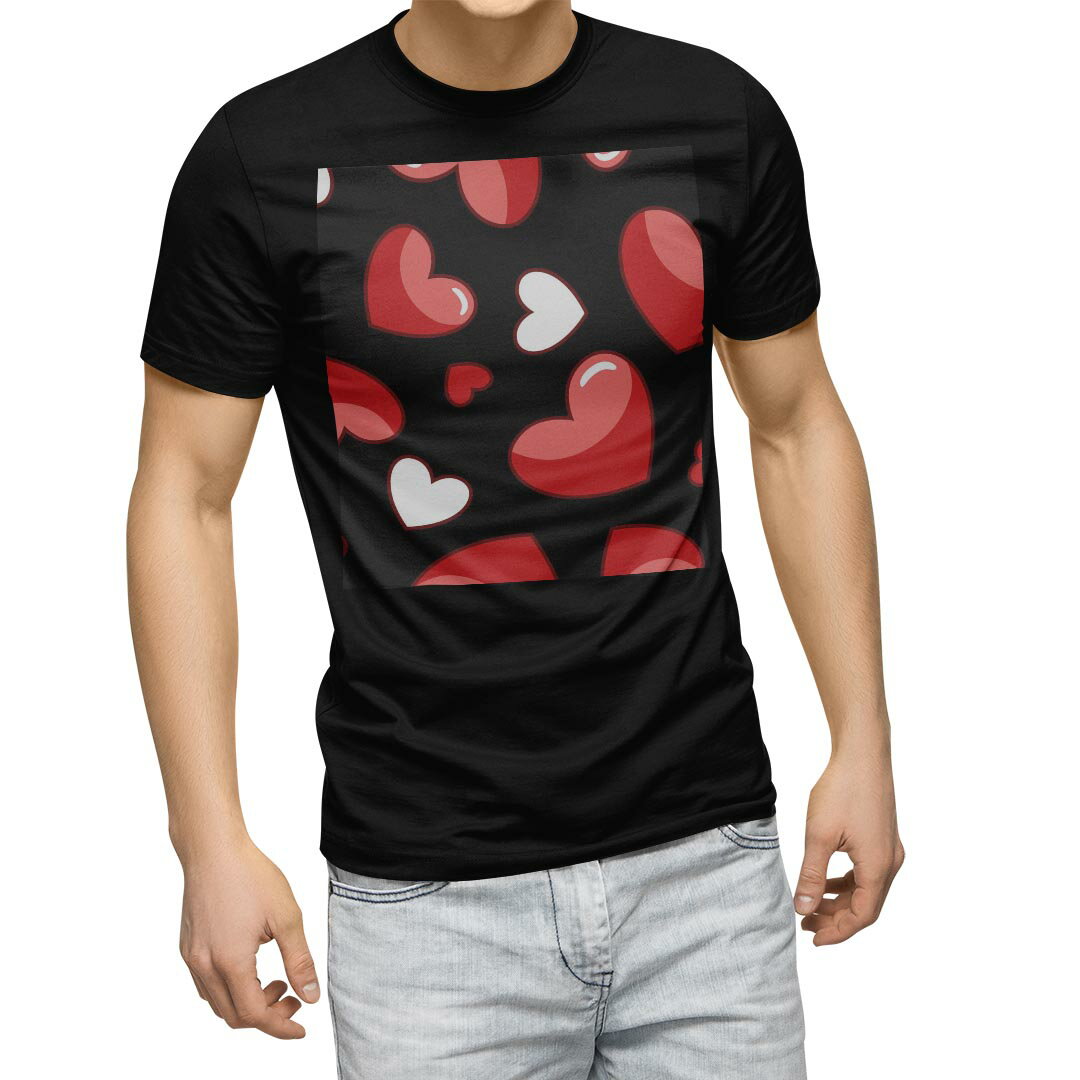 T-Shirts - tシャツ メンズ 半袖 ブラック デザイン XS S M L XL 2XL Tシャツ ティーシャツ T shirt　黒 007012 ラブリー ハート　模様