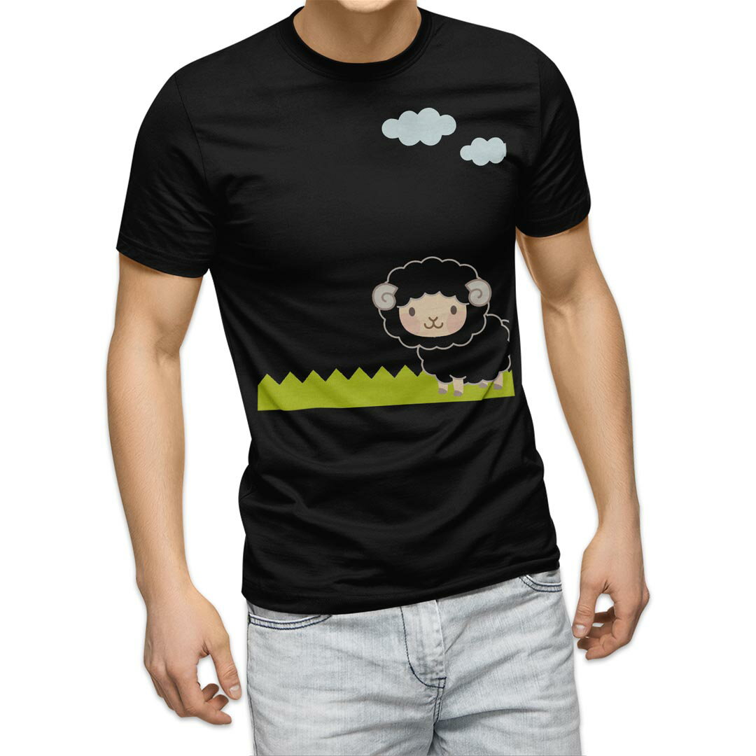 Character - tシャツ メンズ 半袖 ブラック デザイン XS S M L XL 2XL Tシャツ ティーシャツ T shirt 黒 007191 ひつじ　キャラクター