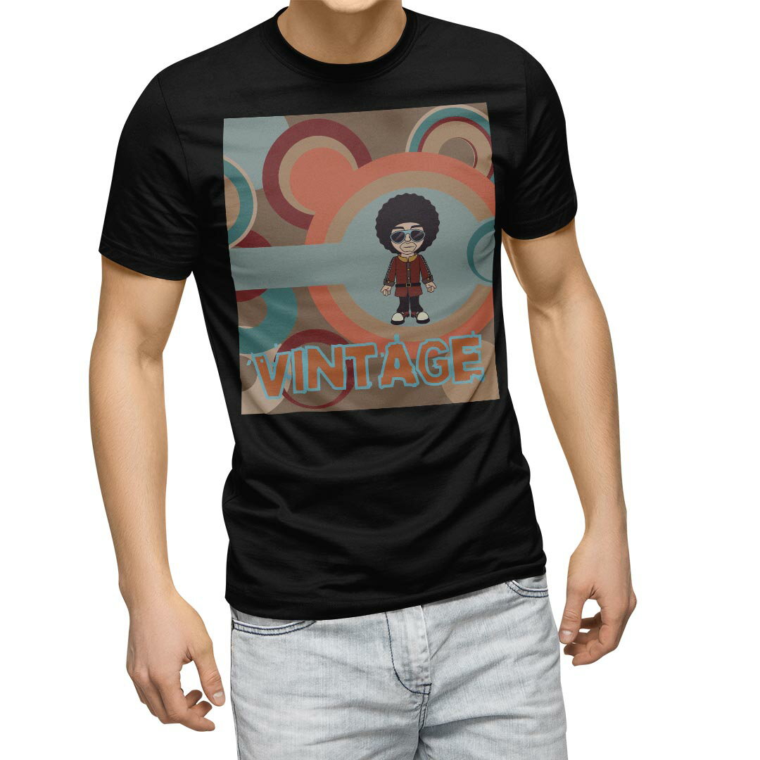 Character - tシャツ メンズ 半袖 ブラック デザイン XS S M L XL 2XL Tシャツ ティーシャツ T shirt　黒 007363 ユニーク アフロ　キャラクター　ビンテージ