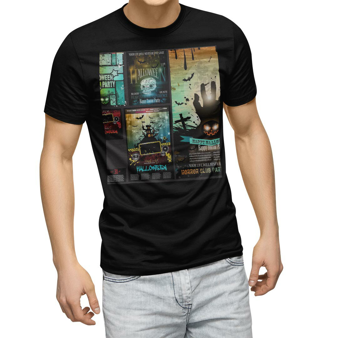 骷髅型 - tシャツ メンズ 半袖 ブラック デザイン XS S M L XL 2XL Tシャツ ティーシャツ T shirt　黒 007495 ユニーク ハロウィン　骸骨　ドクロ　カボチャ