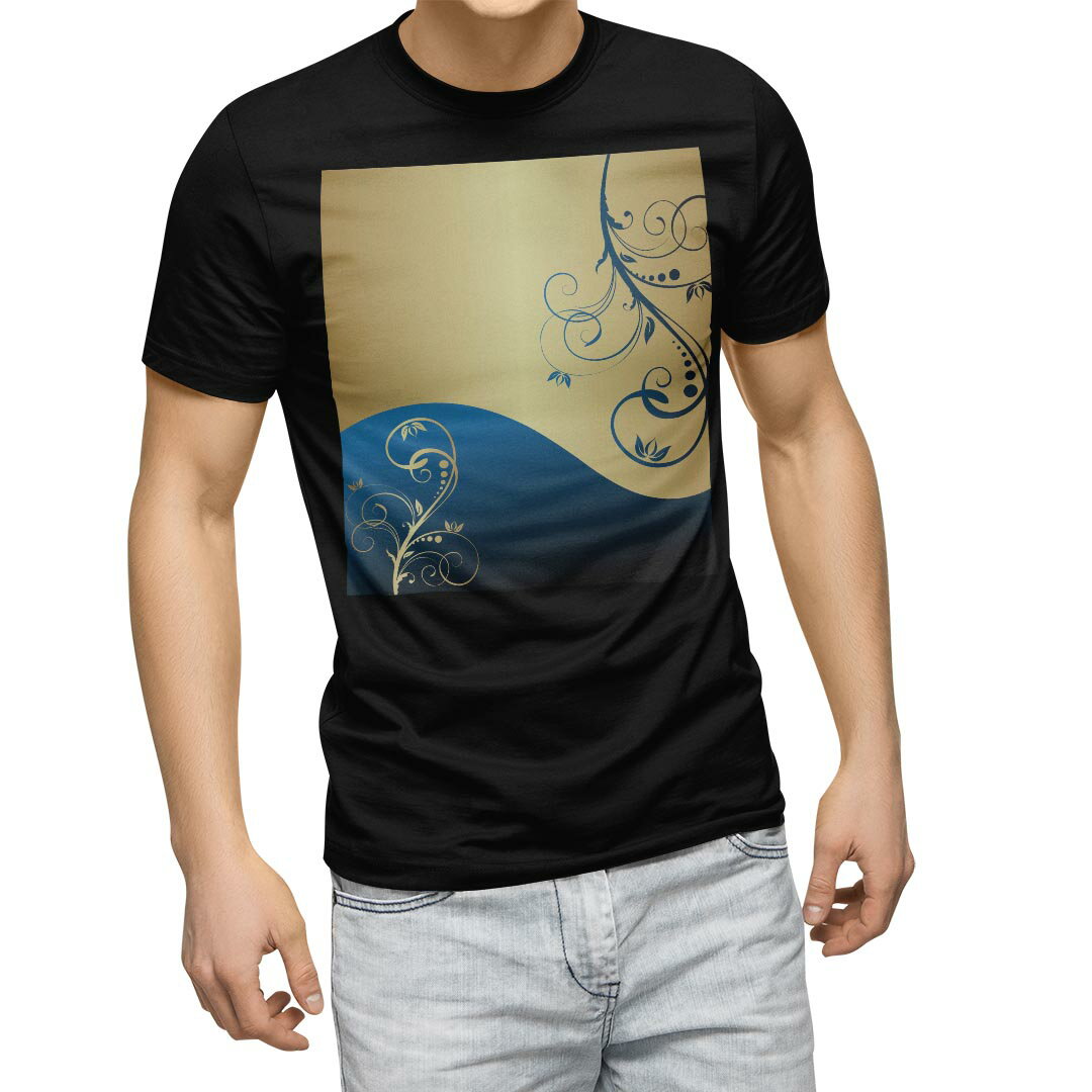 tシャツ メンズ 半袖 ブラック デザイン XS S M L XL 2XL Tシャツ ティーシャツ T shirt　黒 007538 クール 植物　青　ブルー　イエロー