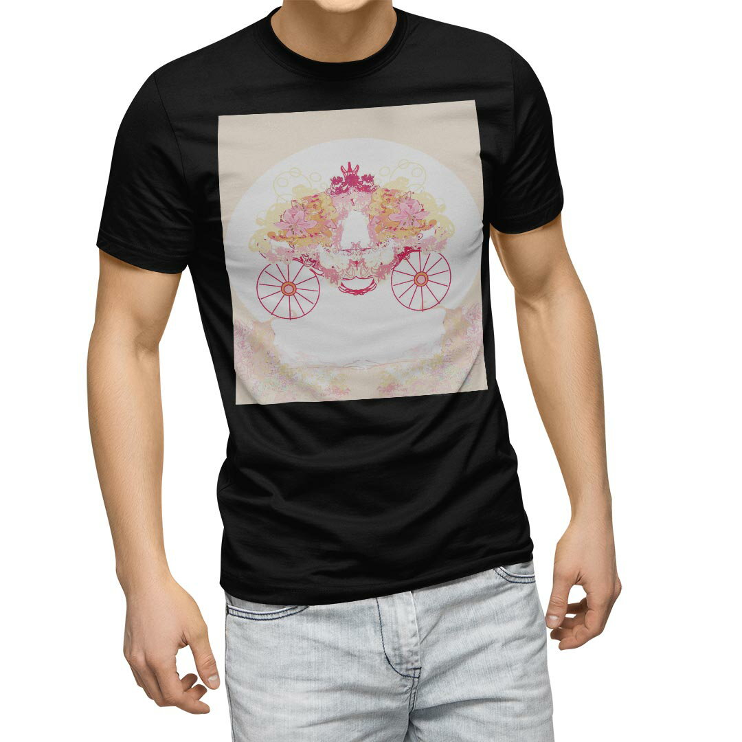 tシャツ メンズ 半袖 ブラック デザイン XS S M L XL 2XL Tシャツ ティーシャツ T shirt 黒 007808 花　　ピンク　馬車