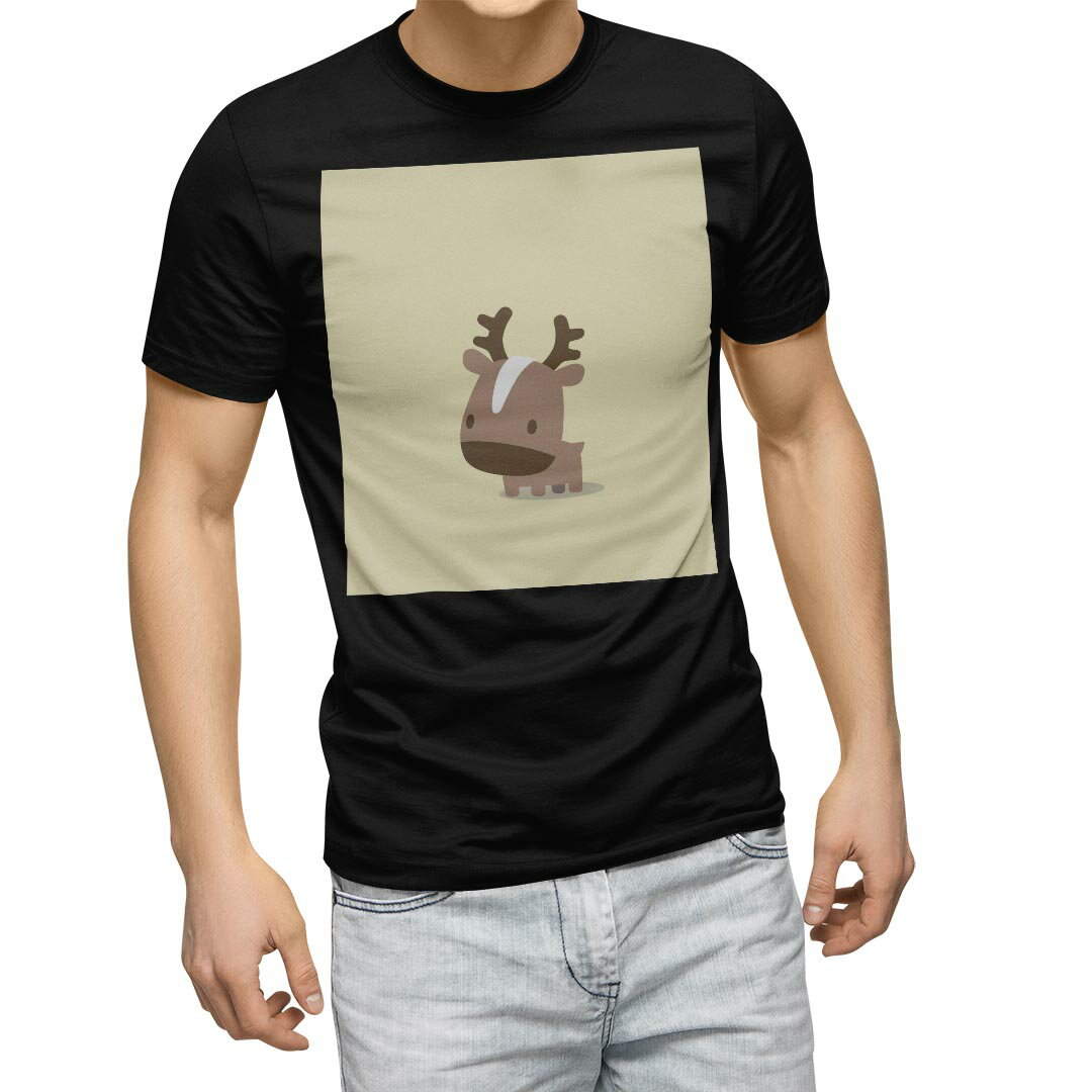 Character - tシャツ メンズ 半袖 ブラック デザイン XS S M L XL 2XL Tシャツ ティーシャツ T shirt　黒 007849 アニマル トナカイ　鹿　イラスト　キャラクター