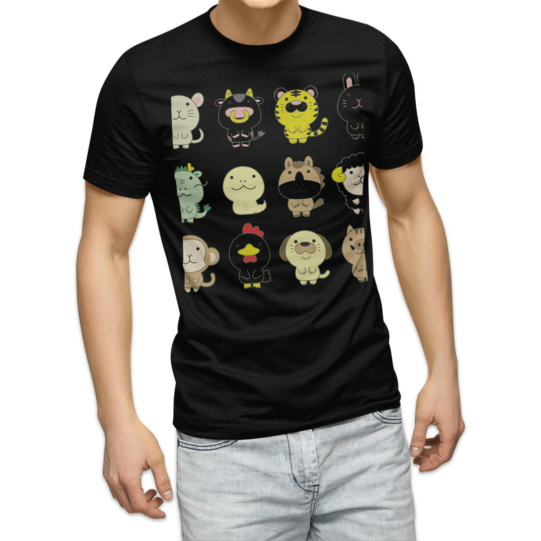 tシャツ メンズ 半袖 ブラック デザイン XS S M L XL 2XL Tシャツ ティーシャツ T shirt　黒 007920 イラスト　動物　干支　キャラクター
