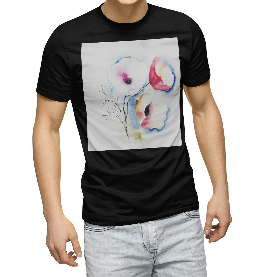 tシャツ メンズ 半袖 ブラック デザイン XS S M L XL 2XL Tシャツ ティーシャツ T shirt 黒 007930 花 水彩
