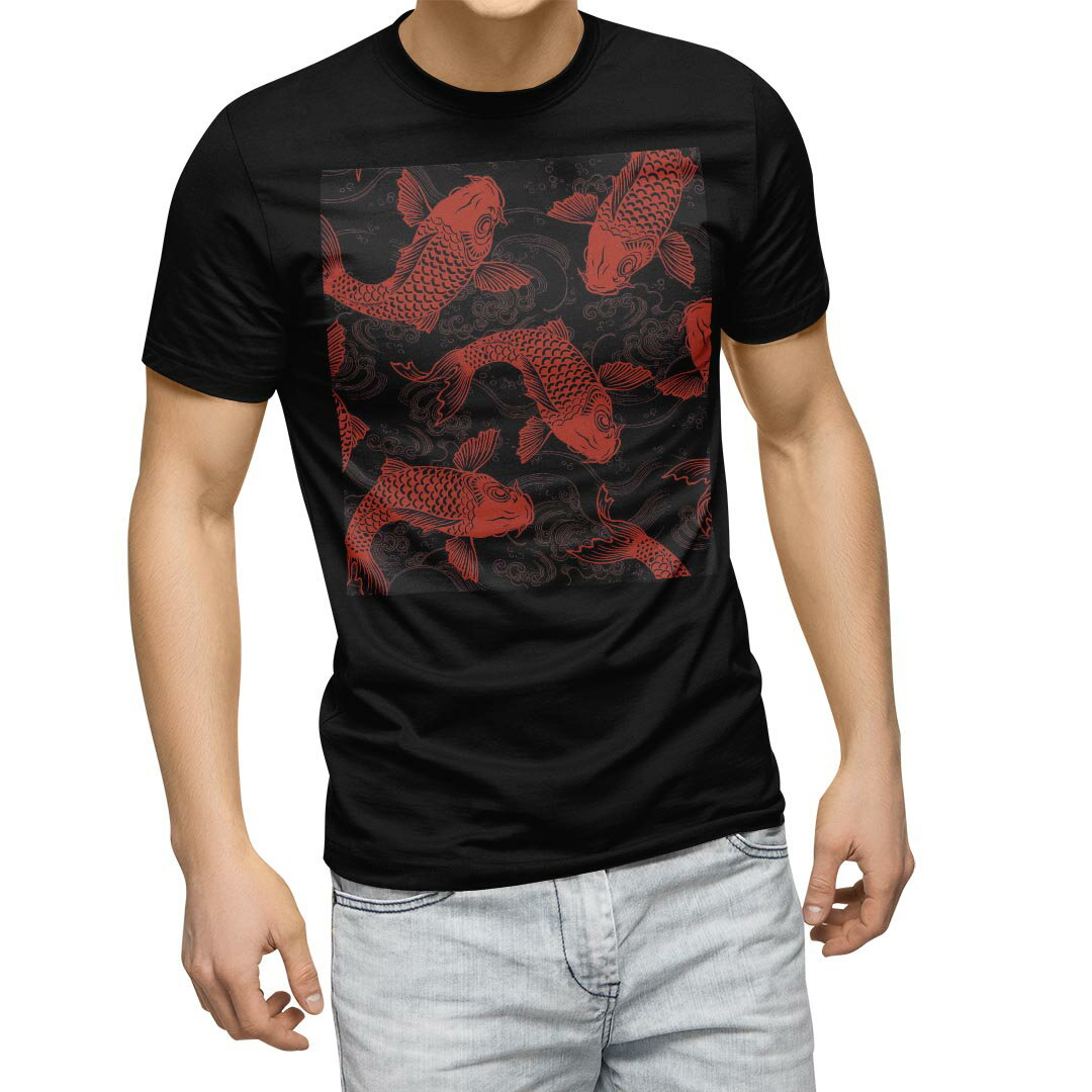 tシャツ メンズ 半袖 ブラック デザイン XS S M L XL 2XL Tシャツ ティーシャツ T shirt　黒 007975 アニマル 和風　和柄　鯉　赤　レ..