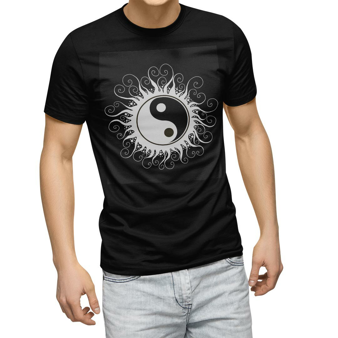 tシャツ メンズ 半袖 ブラック デザイン XS S M L XL 2XL Tシャツ ティーシャツ T shirt 黒 008143 クール 白黒 陰陽 マーク