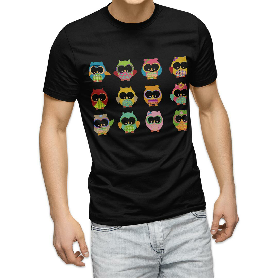 tシャツ メンズ 半袖 ブラック デザイン XS S M L XL 2XL Tシャツ ティーシャツ T shirt 黒 008451 フクロウ　カラフル　模様