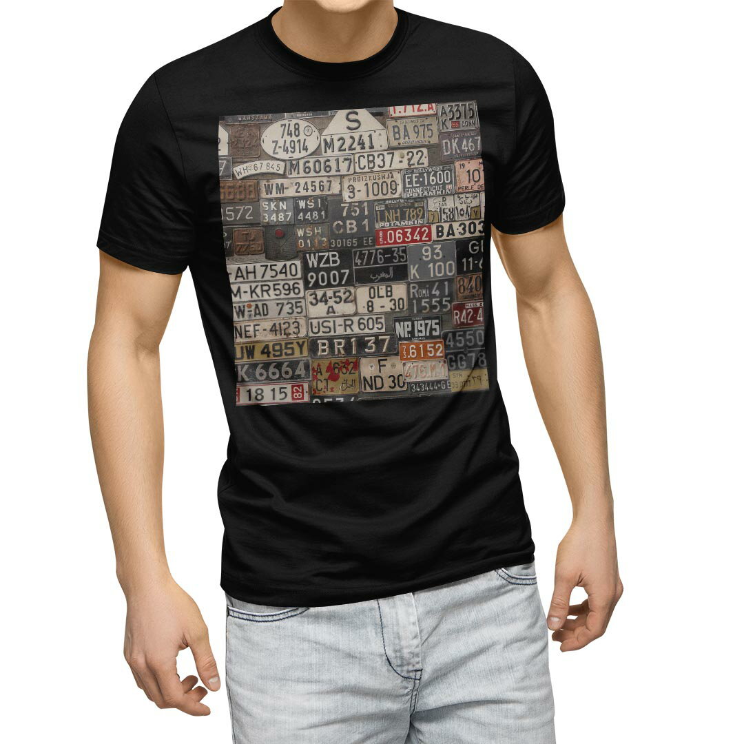 tシャツ メンズ 半袖 ブラック デザイン XS S M L XL 2XL Tシャツ ティーシャツ T shirt　黒 008544 ユニーク ナンバー　プレート　カラフル　写真