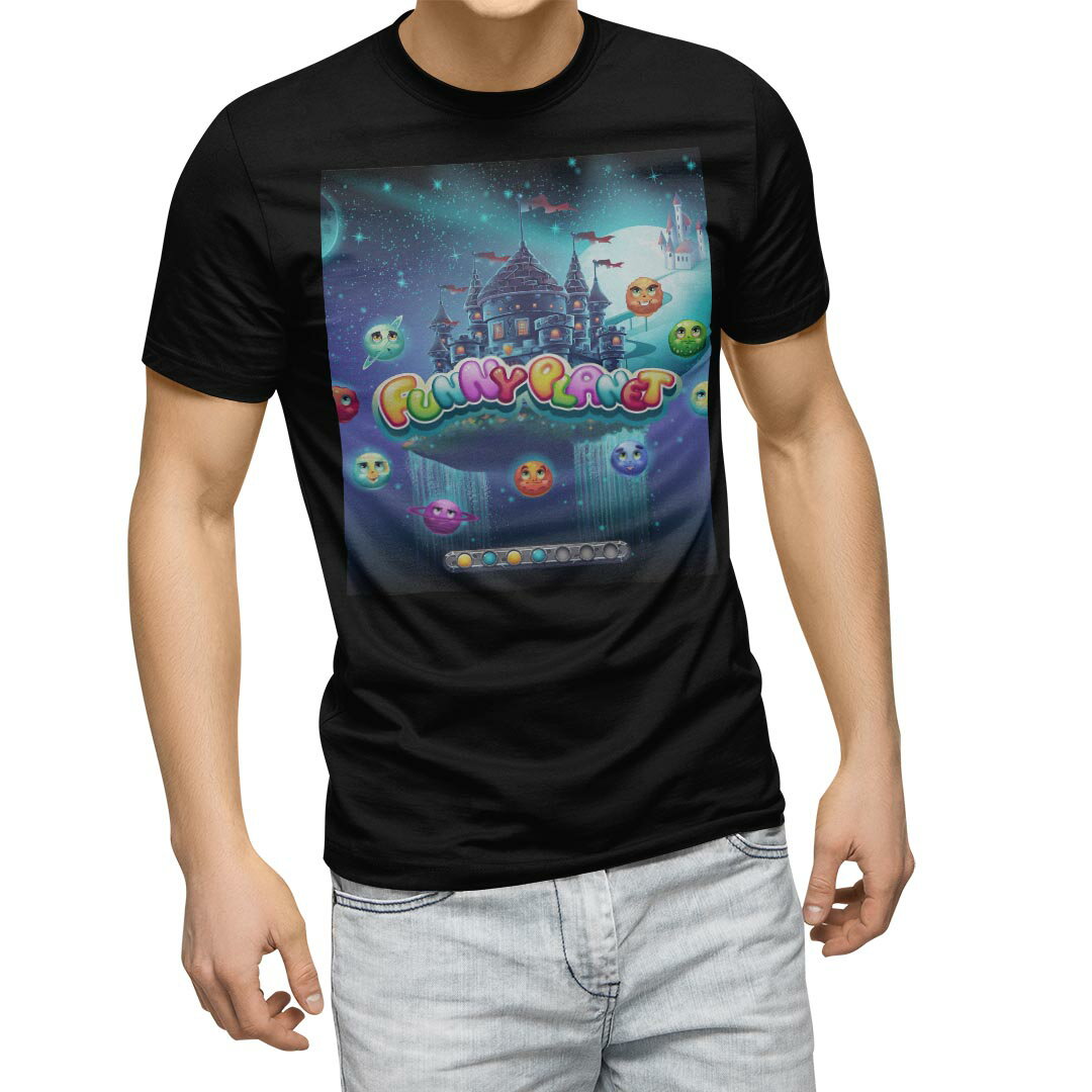 Character - tシャツ メンズ 半袖 ブラック デザイン XS S M L XL 2XL Tシャツ ティーシャツ T shirt　黒 008829 ユニーク イラスト　夜空　キャラクター　城
