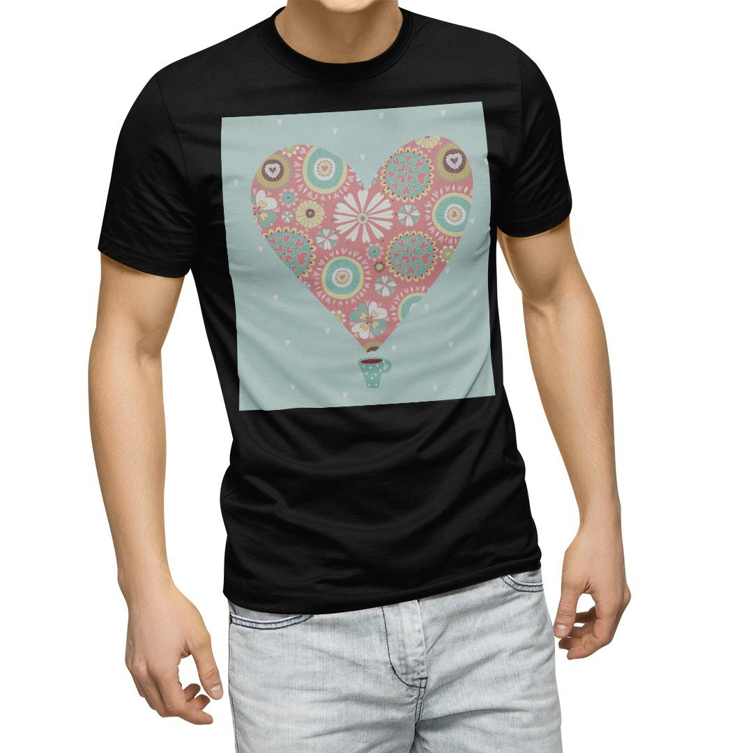 Sport - tシャツ メンズ 半袖 ブラック デザイン XS S M L XL 2XL Tシャツ ティーシャツ T shirt　黒 008848 ラブリー イラスト　花　フラワー　ハート