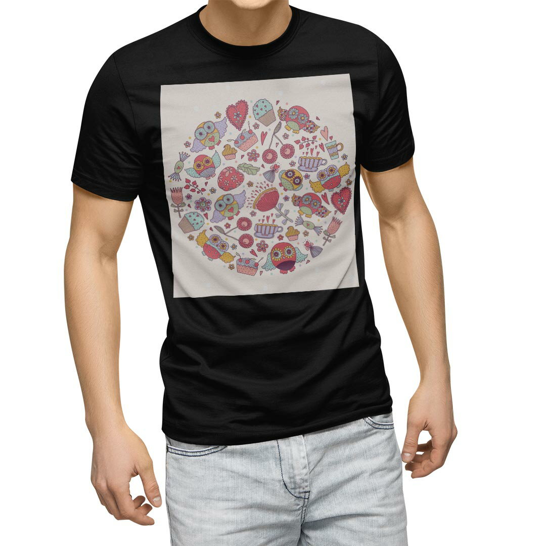 Shirts, T-Shirts - tシャツ メンズ 半袖 ブラック デザイン XS S M L XL 2XL Tシャツ ティーシャツ T shirt　黒 008887 ユニーク イラスト　ピンク　フクロウ　ハート