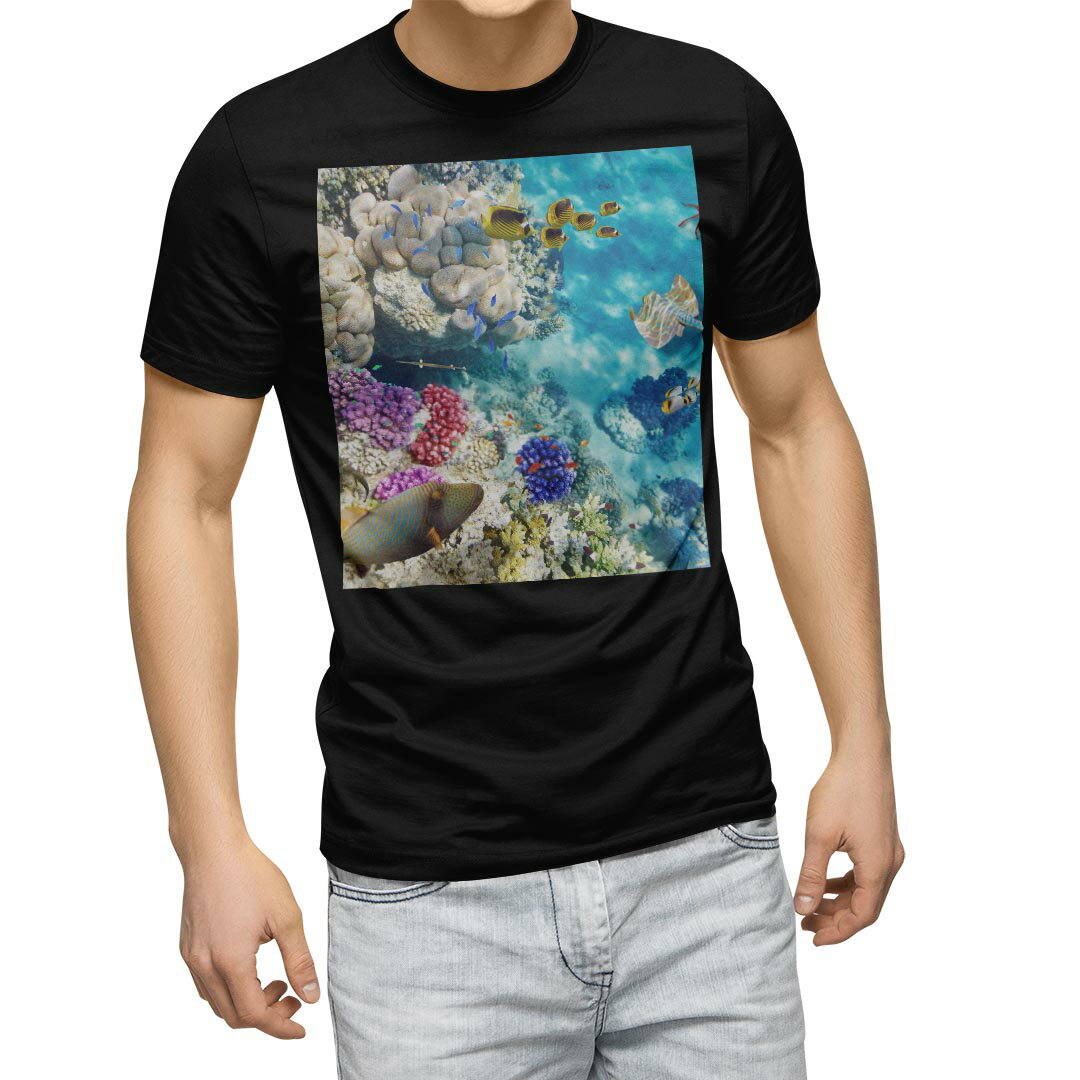 tシャツ メンズ 半袖 ブラック デザイン XS S M L XL 2XL Tシャツ ティーシャツ T shirt　黒 008923 写真・風景 写真　魚　海　珊瑚