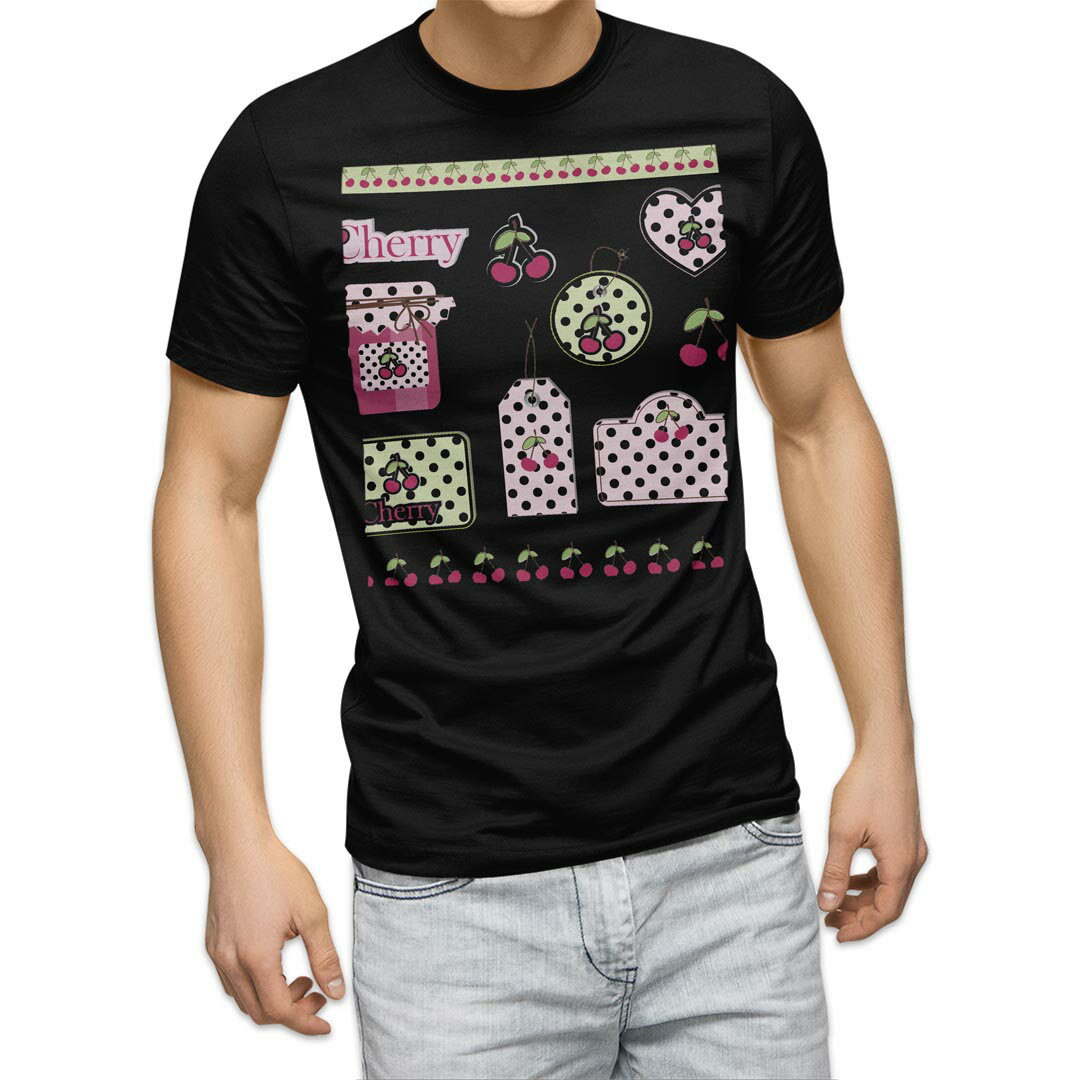 tシャツ メンズ 半袖 ブラック デザイン XS S M L XL 2XL Tシャツ ティーシャツ T shirt 黒 009142 ピンク さくらんぼ 水玉 ドット