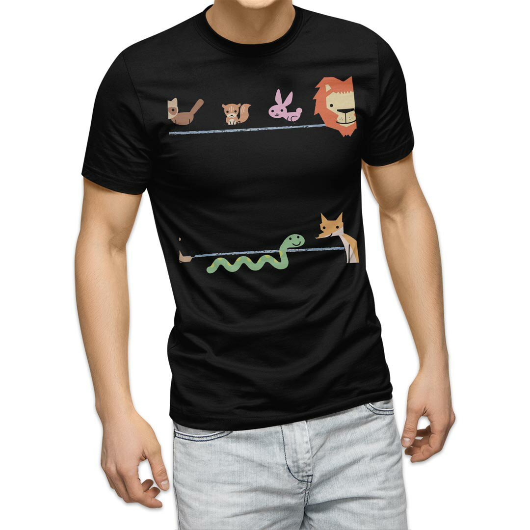 Character - tシャツ メンズ 半袖 ブラック デザイン XS S M L XL 2XL Tシャツ ティーシャツ T shirt 黒 009178 カラフル　動物　キャラクター