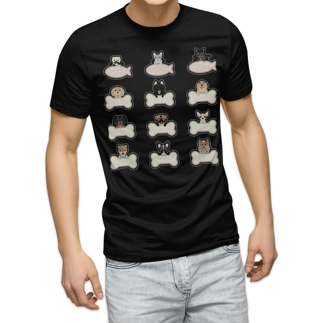 Character - tシャツ メンズ 半袖 ブラック デザイン XS S M L XL 2XL Tシャツ ティーシャツ T shirt 黒 009180 犬　猫　キャラクター