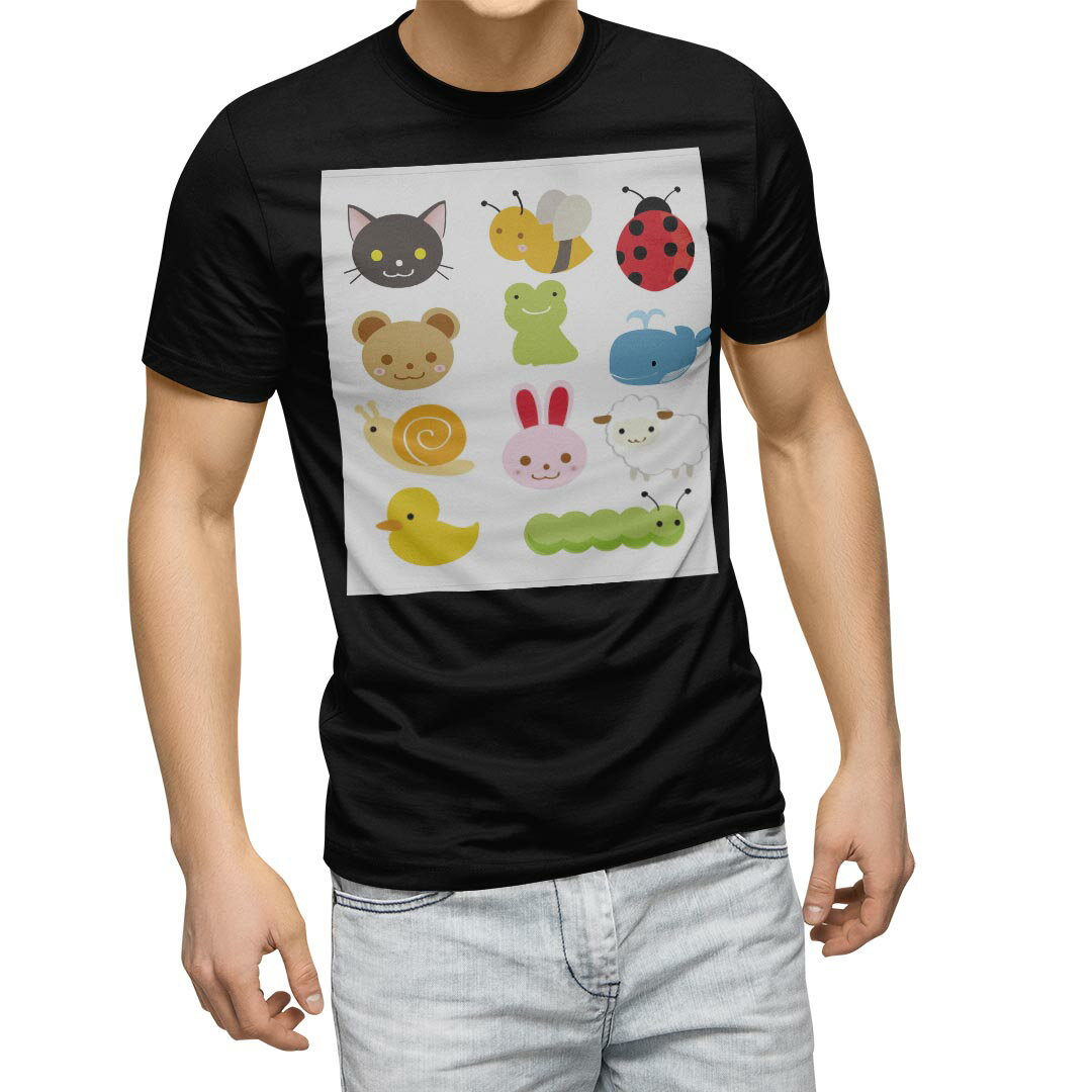 Character - tシャツ メンズ 半袖 ブラック デザイン XS S M L XL 2XL Tシャツ ティーシャツ T shirt 黒 009205 カラフル　動物　キャラクター