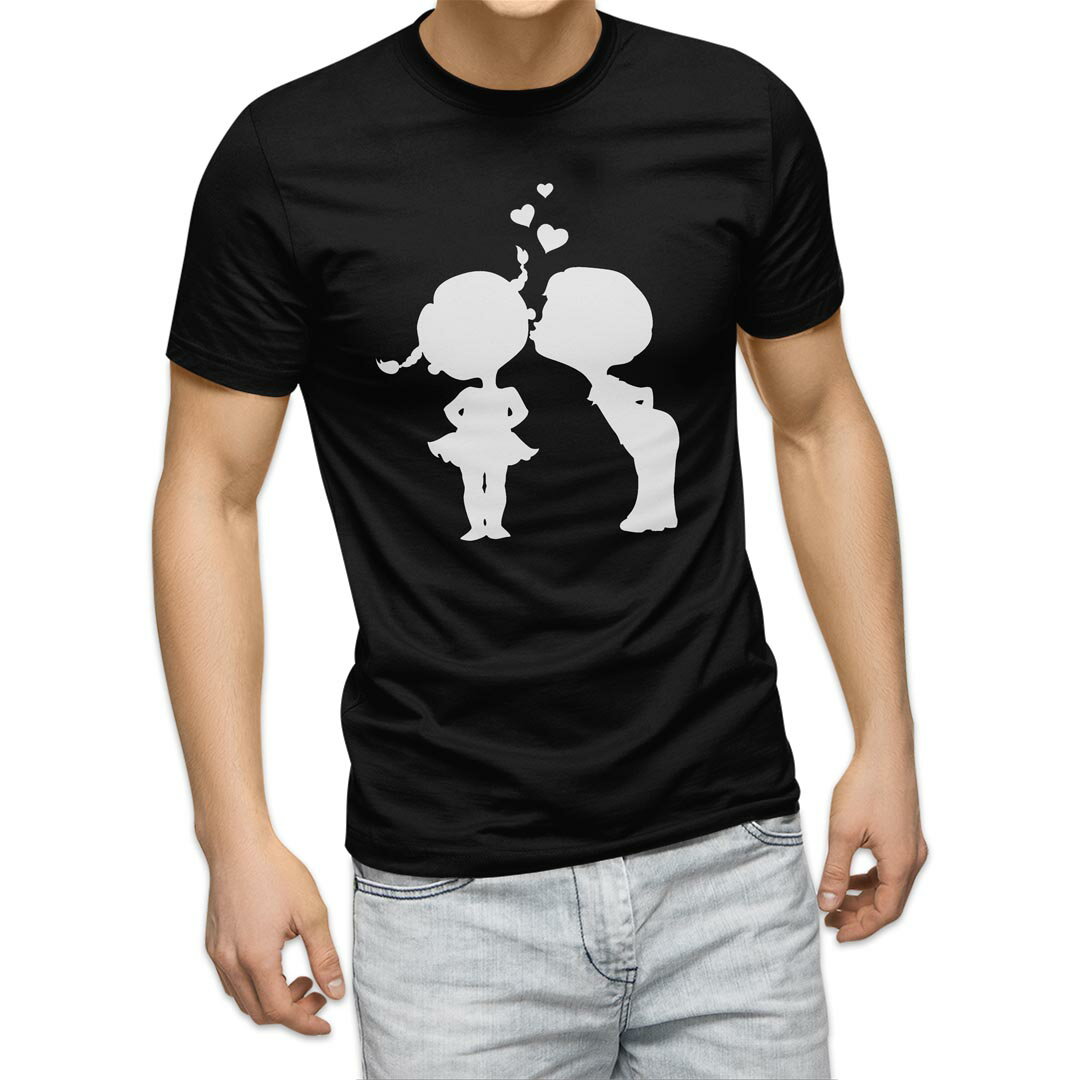 Character - tシャツ メンズ 半袖 ブラック デザイン XS S M L XL 2XL Tシャツ ティーシャツ T shirt 黒 009328 ハート　白　黒　キャラクター