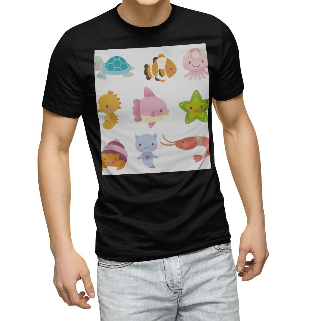 Character - tシャツ メンズ 半袖 ブラック デザイン XS S M L XL 2XL Tシャツ ティーシャツ T shirt 黒 009347 動物　キャラクター　カラフル