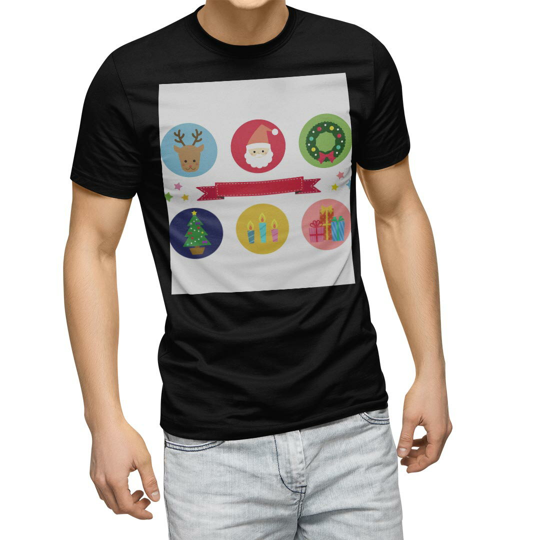 tシャツ メンズ 半袖 ブラック デザイン XS S M L XL 2XL Tシャツ ティーシャツ T shirt 黒 009448 サンタ クリスマス 星