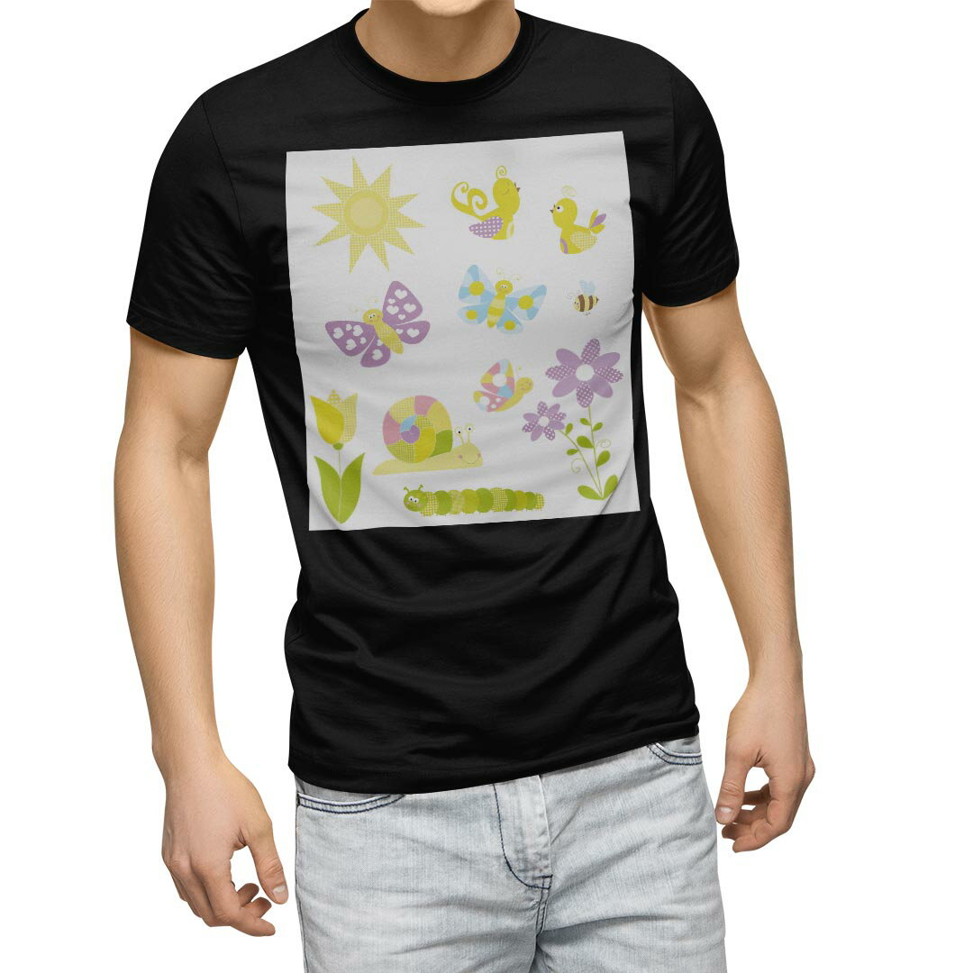 Character - tシャツ メンズ 半袖 ブラック デザイン XS S M L XL 2XL Tシャツ ティーシャツ T shirt 黒 009537 　蝶　キャラクター
