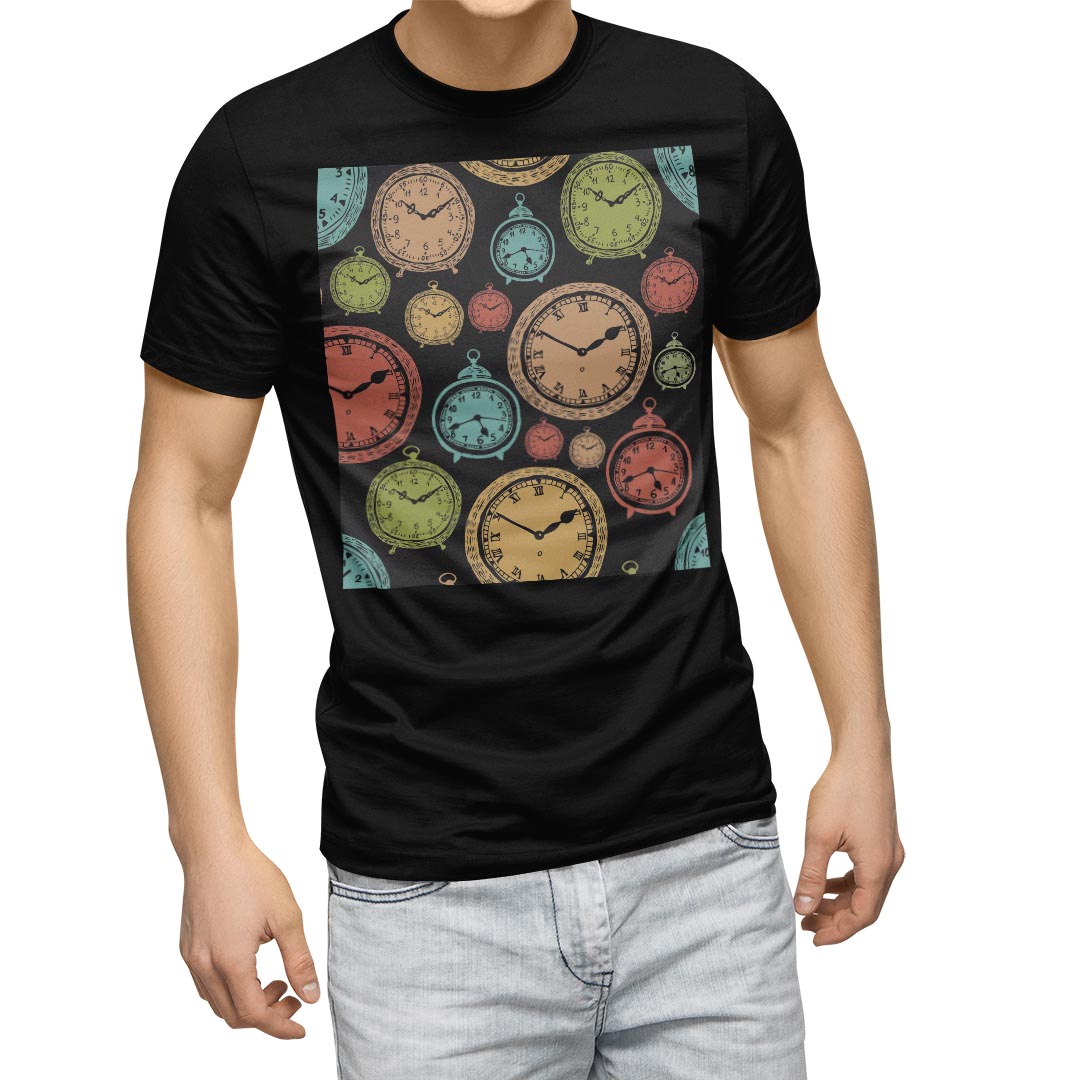 tシャツ メンズ 半袖 ブラック デザイン XS S M L XL 2XL Tシャツ ティーシャツ T shirt 黒 009701 時計 アンティーク