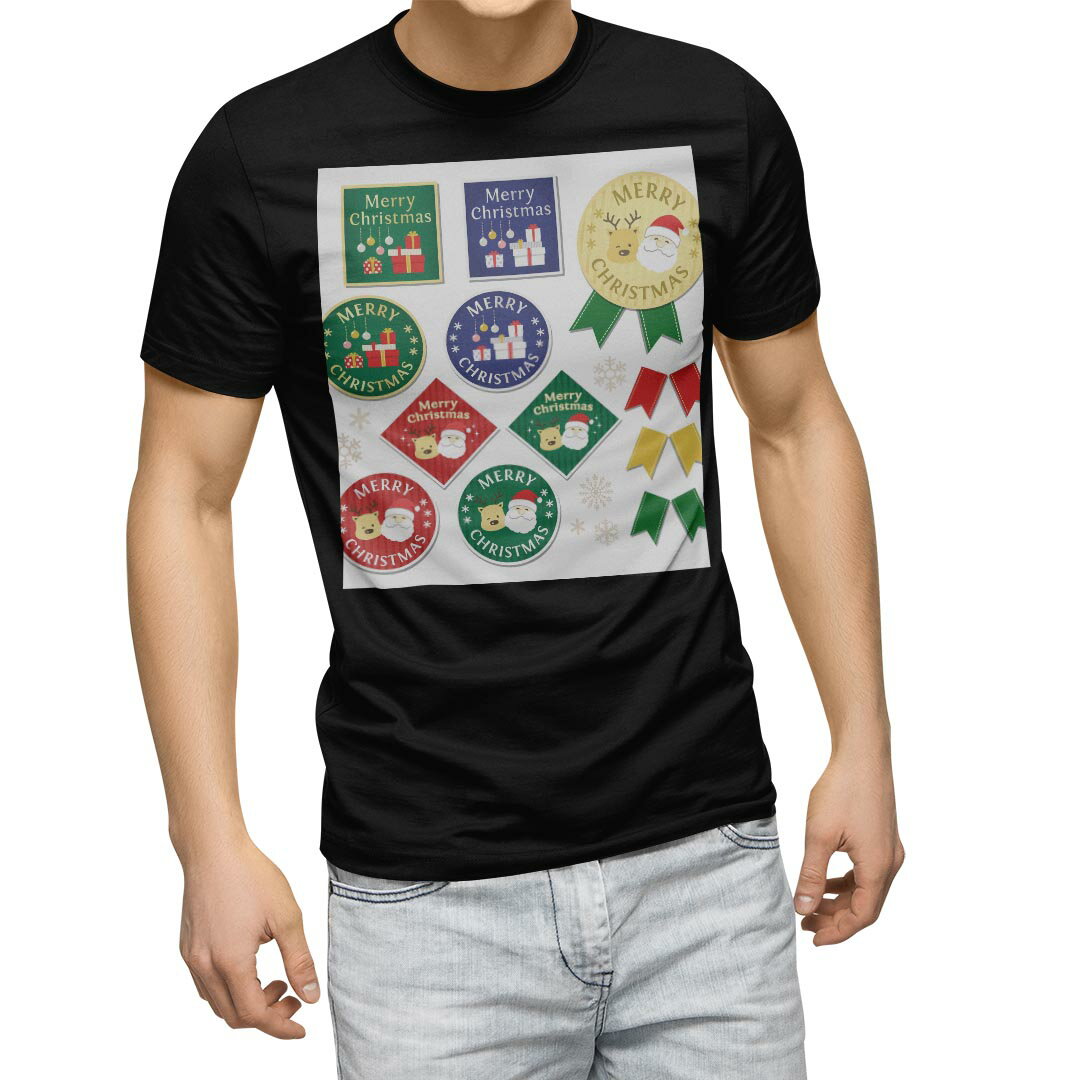 tシャツ メンズ 半袖 ブラック デザイン XS S M L XL 2XL Tシャツ ティーシャツ T shirt 黒 009764 クリスマス　サンタ　英語(4.0)