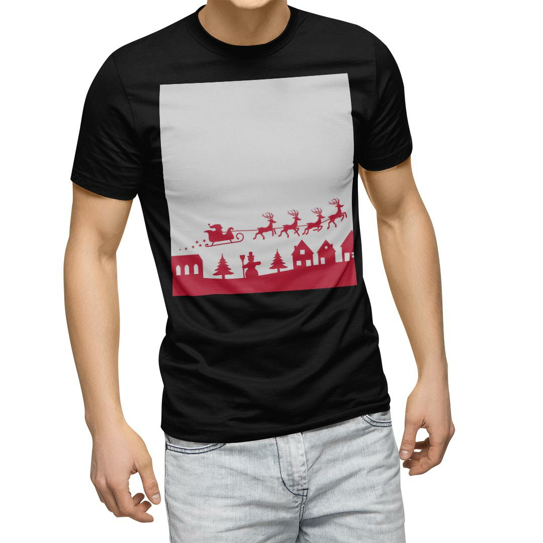 tシャツ メンズ 半袖 ブラック デザイン XS S M L XL 2XL Tシャツ ティーシャツ T shirt 黒 009792 クリスマス　サンタ　赤